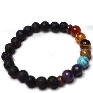 Trendy Healing 7 Chakras Agate/Lava Multi Color Beads 5" Stretch Bracelet